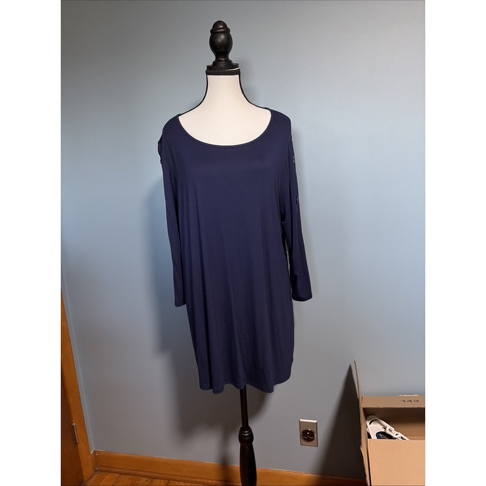 Kim Rogers NWT 1X Navy Hi-Lo Tunic w/ Button Embellishments Oversized Top Curvy